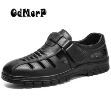 ODMORP/Новые мужские сандалии Летняя обувь черные официальные сандалии в деловом стиле дышащая обувь ручной работы из спилок коричневый цвет, большие размеры 38-45