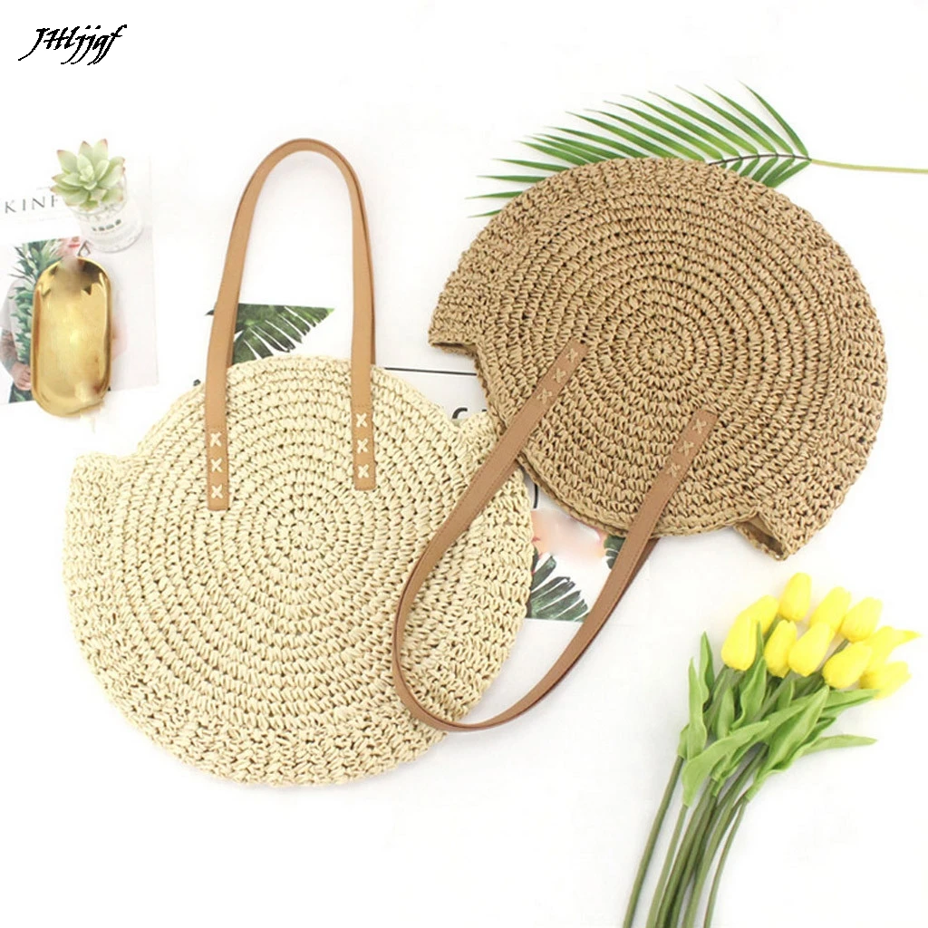 

2019 New Retro Mori Round Straw Bag Fashion Casual Woman Summer Bag Beach Bag Leisure Shoulder Bag