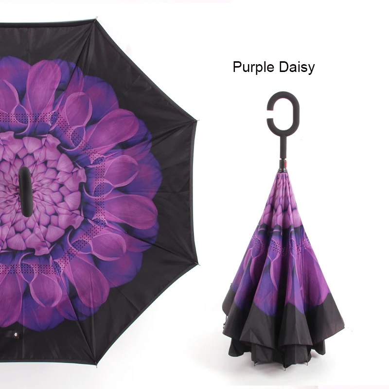 Складной зонт для мужчин и женщин, двойной слой, перевернутый, ветрозащитный, с ручкой для дождя, бизнес-подарок - Цвет: purple daisy