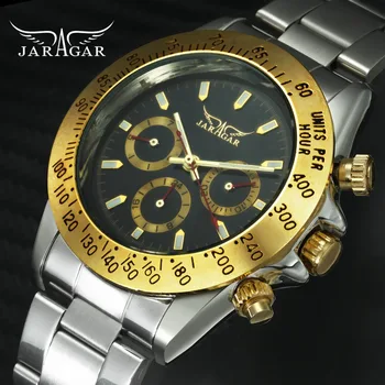 

FORSINING Top Brand Luxury Men Auto Mechanical Watches Golden Bezel 3 Working Sub-dials Calendar Date Stainless Steel Wristwatch