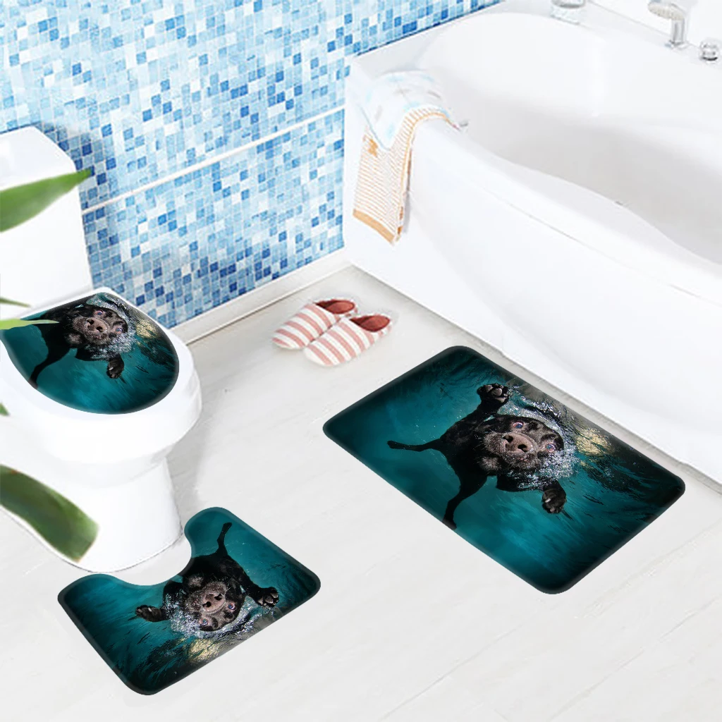 3pcs Bath Mat Set Anti Slip Bathroom Mat Animal Toilet Mat Funny Dogs