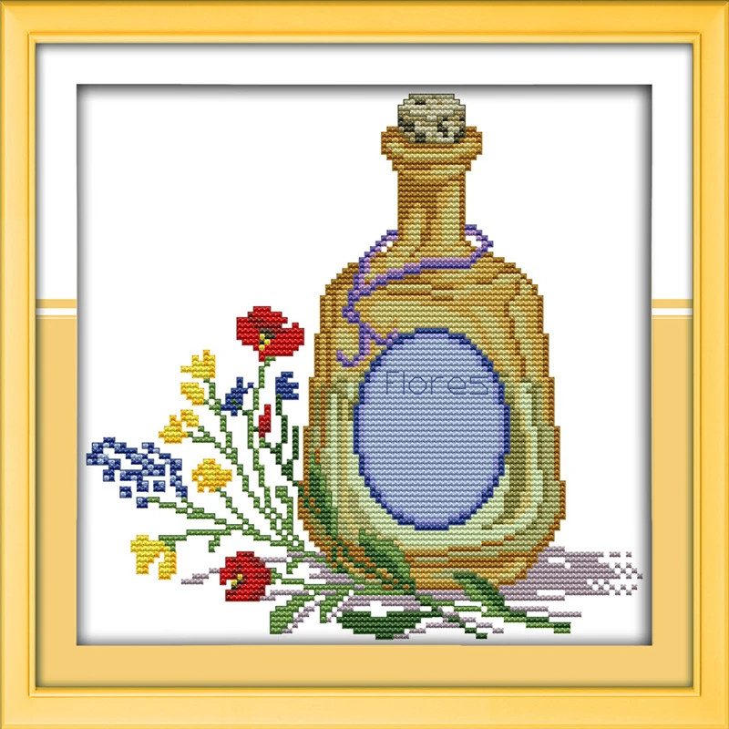 

Joy Sunday The wine bottle and flowers Cross stitch Embroidery Kit Modern Print Canvas Painting For Wall Art Picture Home Decor