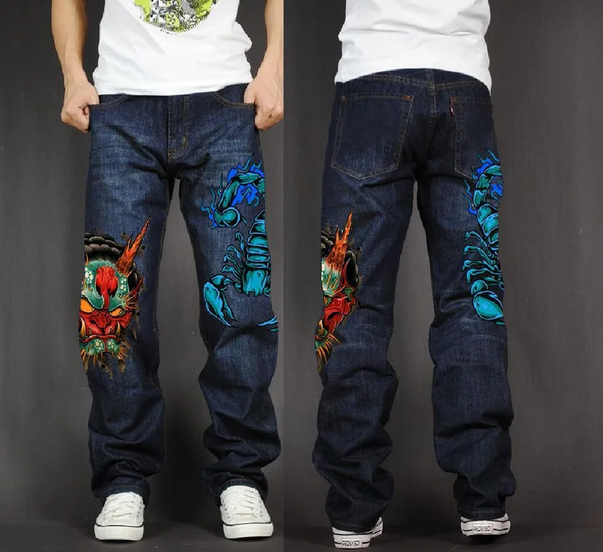 

Men's Long Pants Baggy Loose Fit Jeans Rap Hip Hop Skate Denim Print Trousers Straight Stretch Casual Trousers Horned Monster