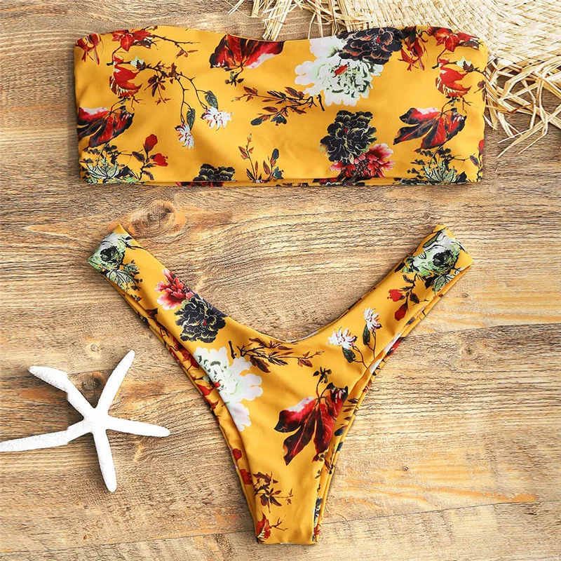 

Women Set Swimwear Push-Up Padded Print Off Shoulder Bra Beachwear Bathing Ruffle Bodysuit Shoulder Bandage Underwear A23#