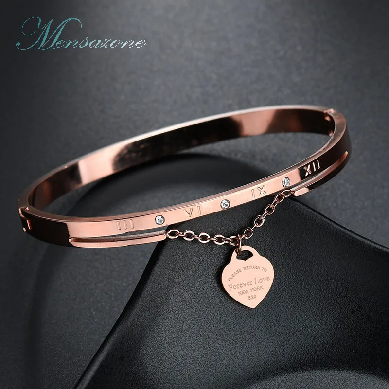 

MENSAZONE Famous Brand Heart Pendant Bracelet & Bangles Stainless Steel FOREVER LOVE Women Bangle Wedding Gift