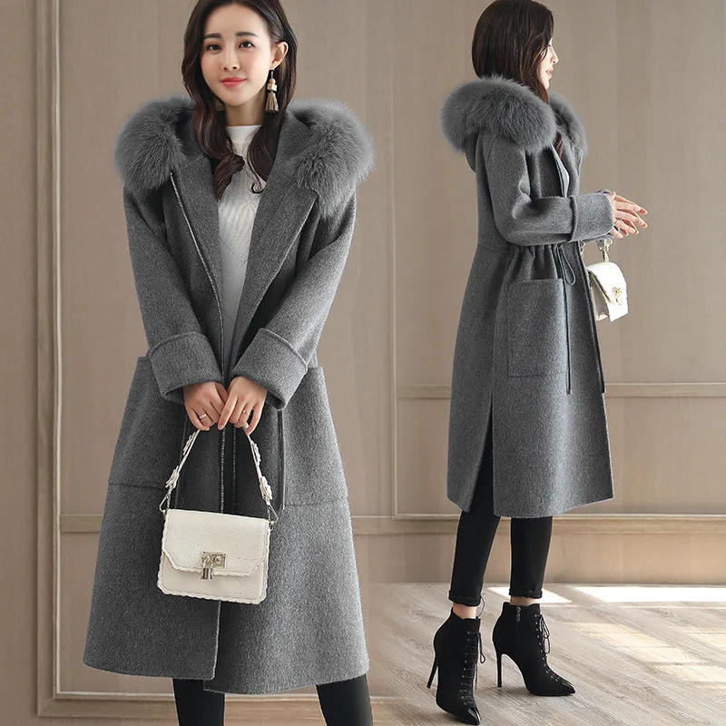 

Fashion Solid Women Long Woolen Coat Slim Zippers Women's Jacket Pockets Fur Collar Blue Cashmere Coat and Jacket