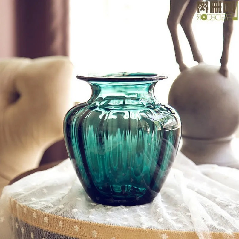 Turquoise Embossment 7 Inch Glass Vase Handmade Glass