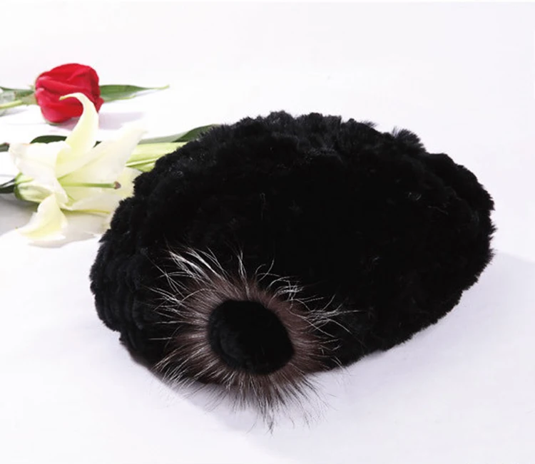 Лидер продаж, женские Модные Отличные трикотажные натуральным шапка из меха кролика Рекс натуральная женская Зимняя кепка высокого качества берета - Цвет: Черный