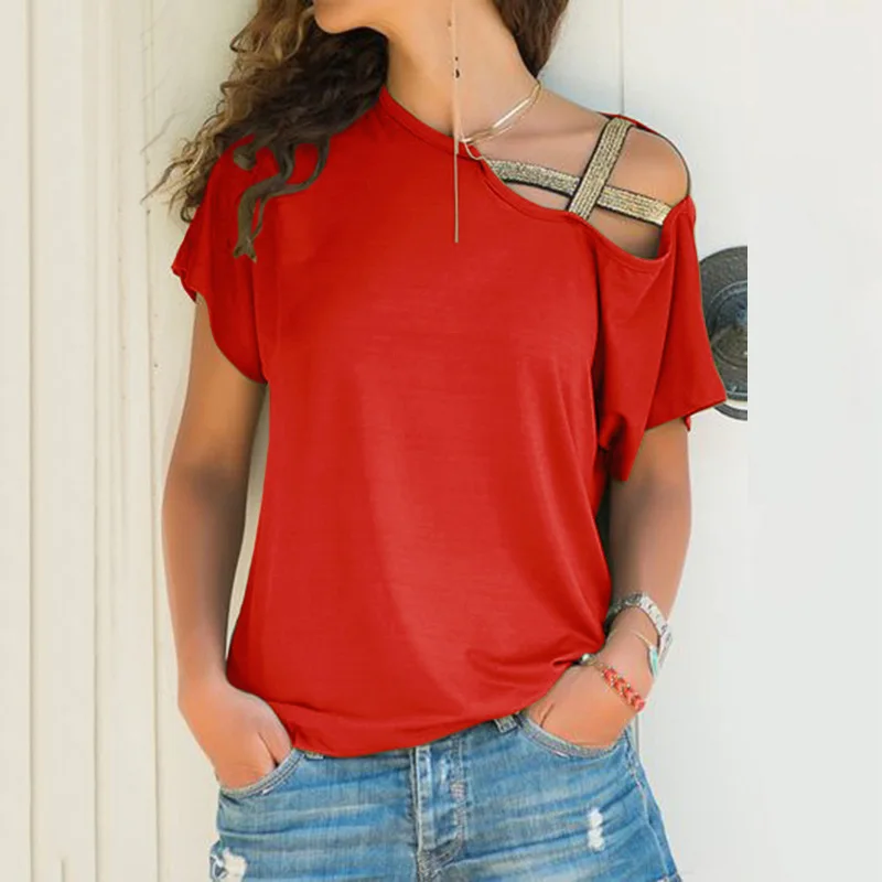 S-5XL женская блуза с асимметричным вырезом крест-накрест из кусков, одноцветные топы, женская блуза на одно плечо, летняя рубашка с вырезом размера плюс - Цвет: Orange Red