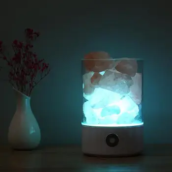 

USB Himalayas Salt Lamp Air Purify RGB Round Natural Crystal Rock Lamp Wooden Base Colorful Hand Carved Night Light