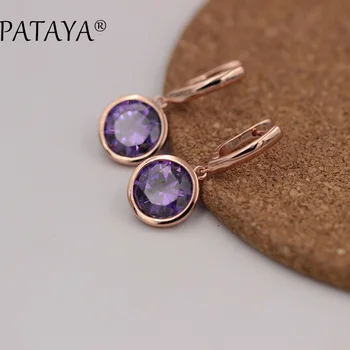 

PATAYA New Fashion Multi-Colored Earrings 585 Rose Gold Purple Round Natural Cubic Zirconia Dangle Earrings Women Luxury Earring