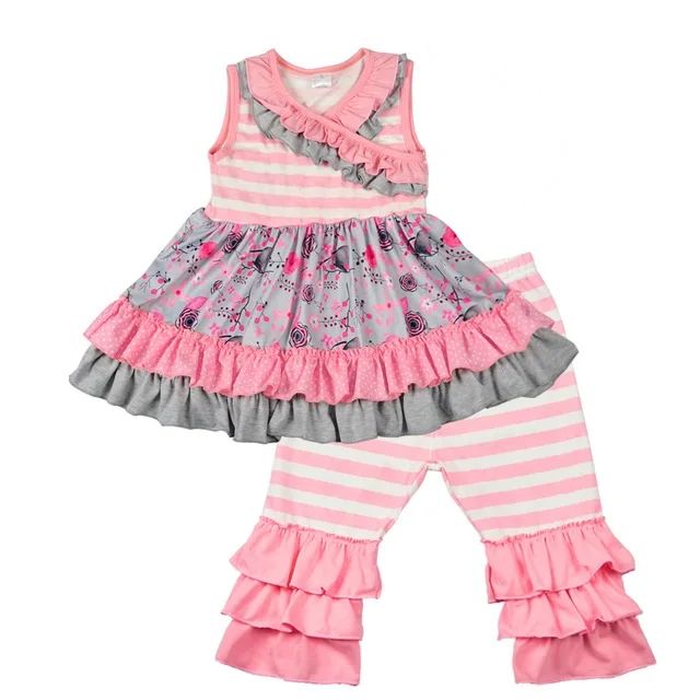 

Newest Arrival Children Girls Hot Pink Ruffle Cotton Boutique Outfit Ruffler Capris Without Hair bow and nicklace 2GK712-040