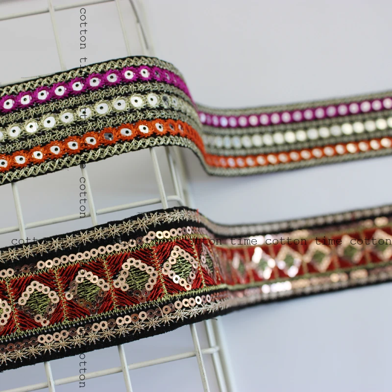 3Yards/Lot 4cm width Sequined Ribbon Ethnic Embroidered Lace Sew
