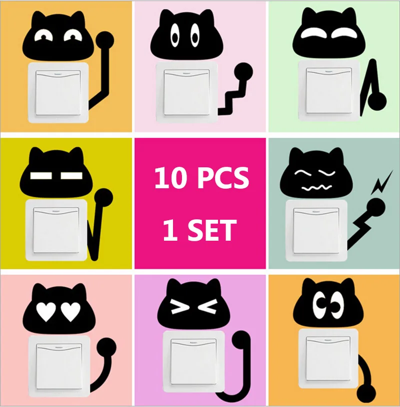 

10pcs/set Cute Cat Wall Sticker Cat Switch Sticker Wall Sticker Home Decor for Living Room Children Room Switch Sticker