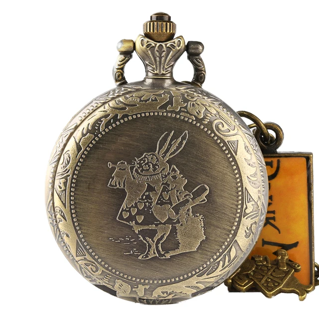 Retro Bronze Alice in Wonderland Theme with Drink Me Tag Rabbit Necklace Chain F Retro Bronze Alice in Wonderland Theme with Drink Me Tag Rabbit Necklace Chain F
