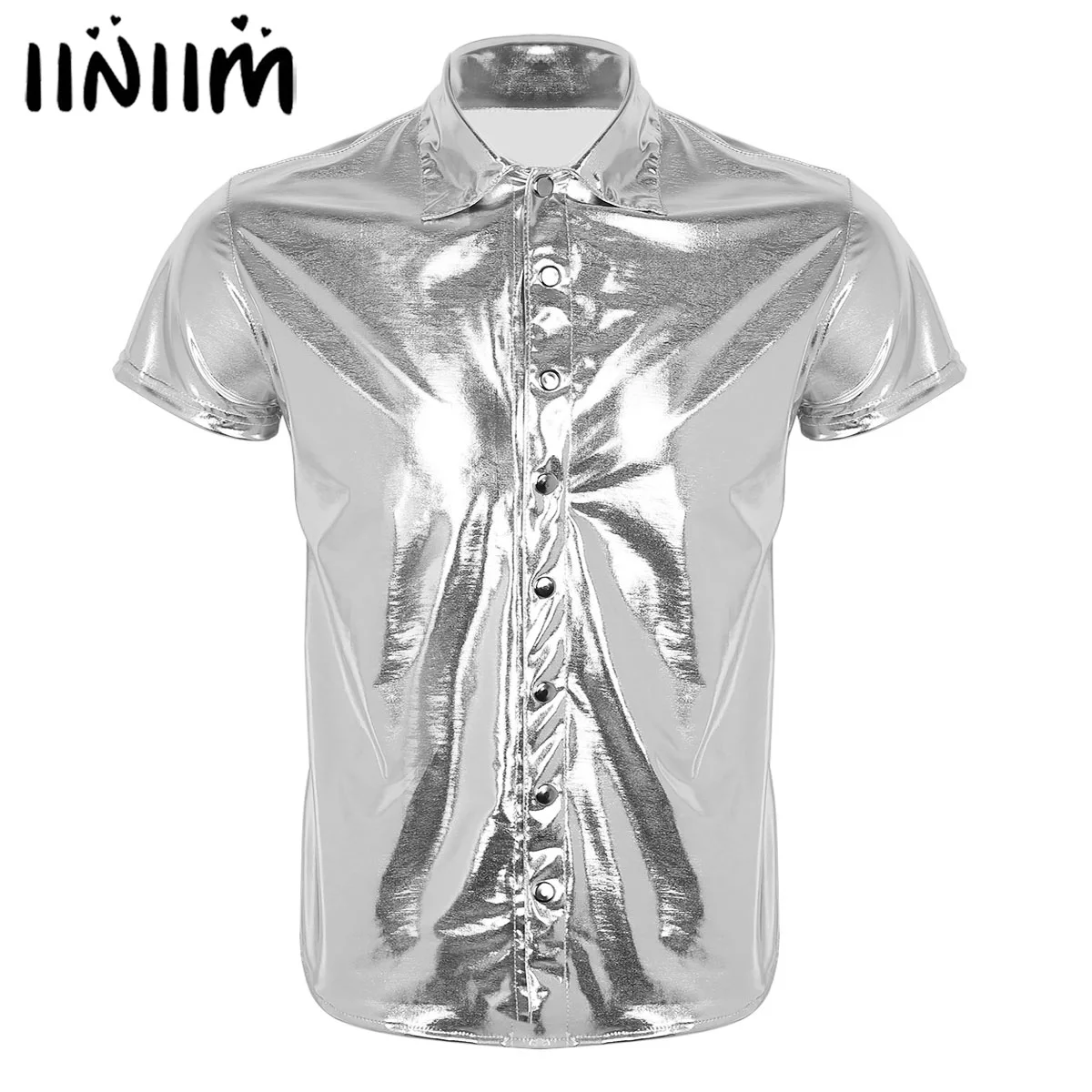 

iiniim Mens Fashion Sexy Clubwear Patent Leather Shirt Undershirt for Male Costumes Evening Party Tops Streetwear Male Clothing