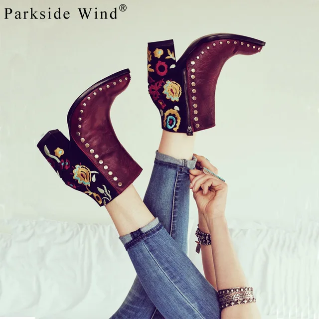 

Parkside Wind PU Leather Women Boots Bordered Rivet Ankle Boots Embroider Square High Heels Fashion Winter Ladies Shoes C2292-45