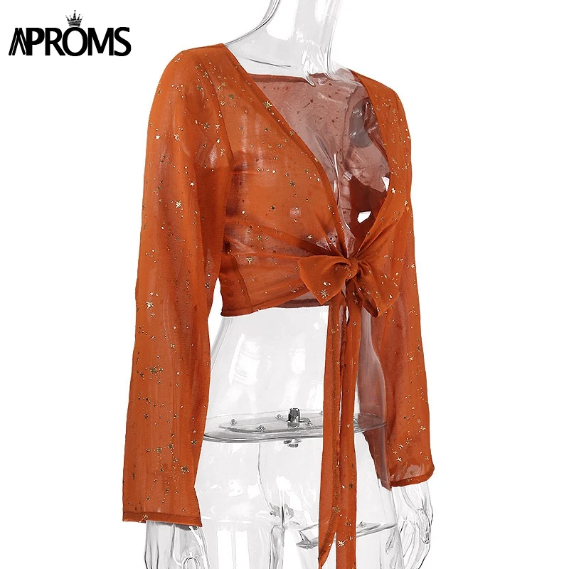 Aproms Gold Star Wrap Bow Tie Blouse Women Summer V Neck Long Sleeve Sheer Shirts Lady Streetwear C