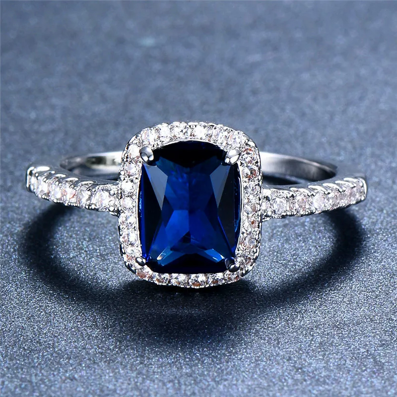 JUNXIN, роскошное голубое/зеленое/фиолетовое/Белое квадратное кольцо, модное, четыре когтя, обручальное кольцо для женщин, 925 серебро, ювелирный камень, кольцо