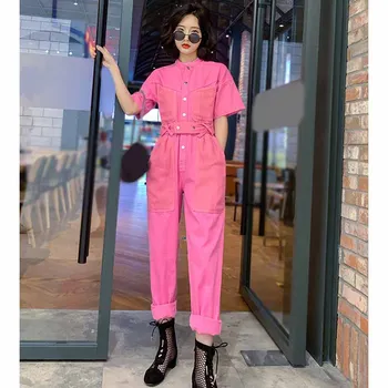 

Hot Sale 2019 Summer Fashion Women Office Jumpsuits Casual Female Sashes Denim Overalls O-Neck Short Sleeve Wide Leg Romper