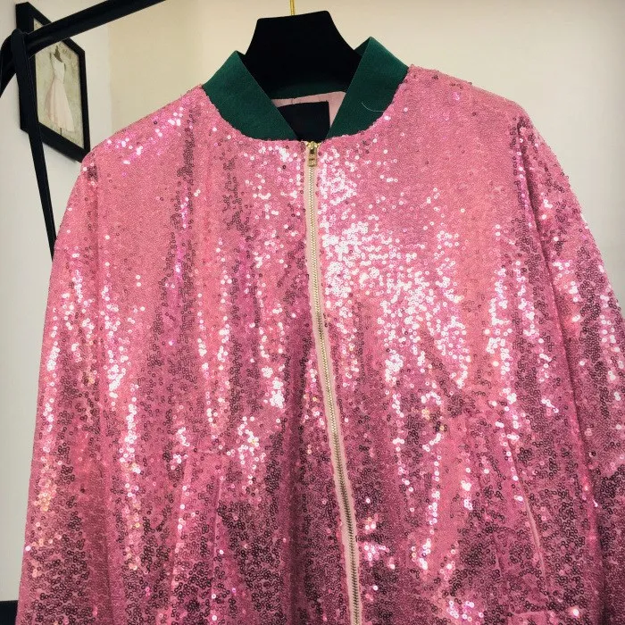 Women Autumn Sparkly Sequin Bomber Jacket Front Zip Up Long Sleeve Casual Coat Patchwork Ribbed Cuffs Party Jacket Coats