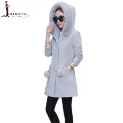 Зимние Для женщин верхняя одежда средней длины с капюшоном и меховым воротником высокого класса пальто однобортный три четверти рукавами