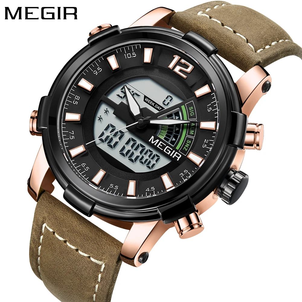 MEGIR Luxury Brand New Mens Watches Top Brand Luxury 2018 Double Display Quartz Digital Sport Watch Men Leather Wristwatch Boys 