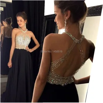 9211W Sexy A-Line Black Prom Dress 2017 Long Halter Beaded Backless vestidos de fiesta Formal Evening Gown Party Pageant Dresses