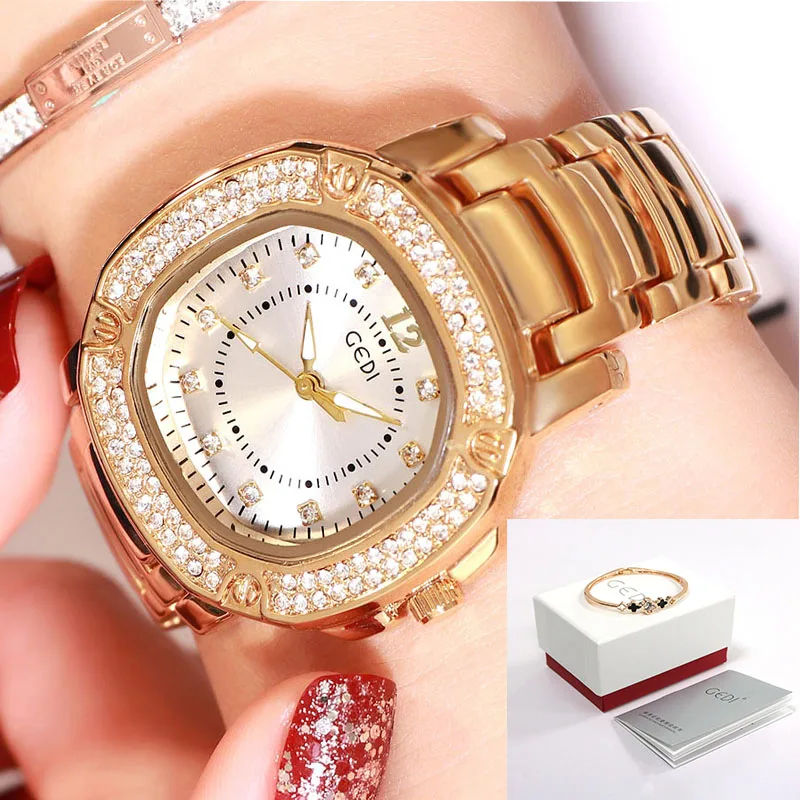 GEDI сплав ремень женские часы женские наручные кварцевые женские часы Роскошные бизнес водонепроница relogio feminino - Цвет: Gold White Box