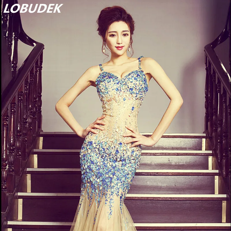 Sexy Backless Perspective Dress Crystals Leotard one piece Mermaid