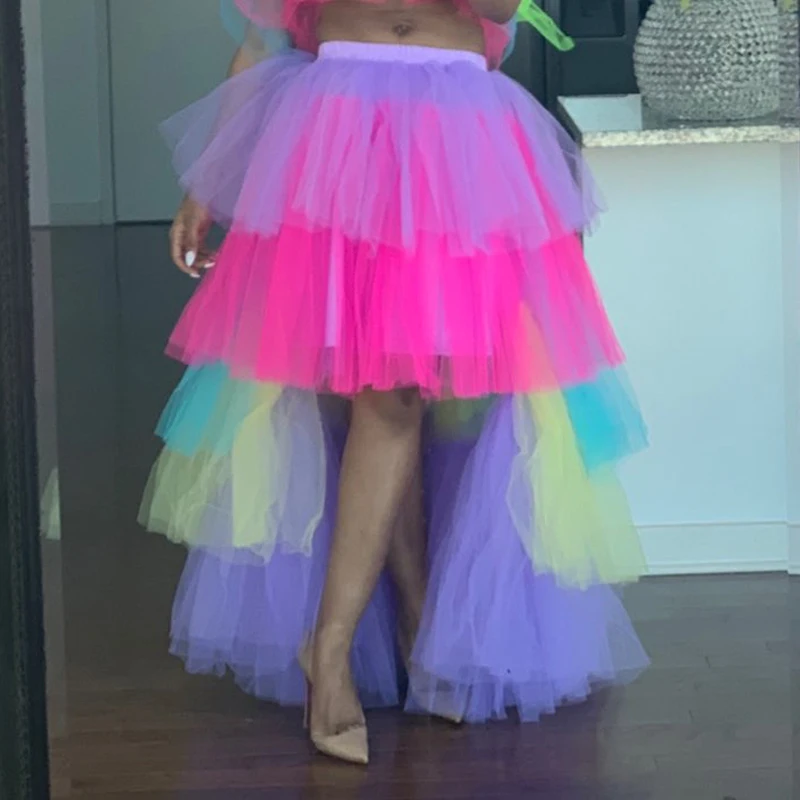 

Hot Sale Mixed Tone Tulle Tutu Skirt Tiered Tulle Colorful Rainbow Chic Prom Skirt High Low Women Long Skirts Saia Real Photo