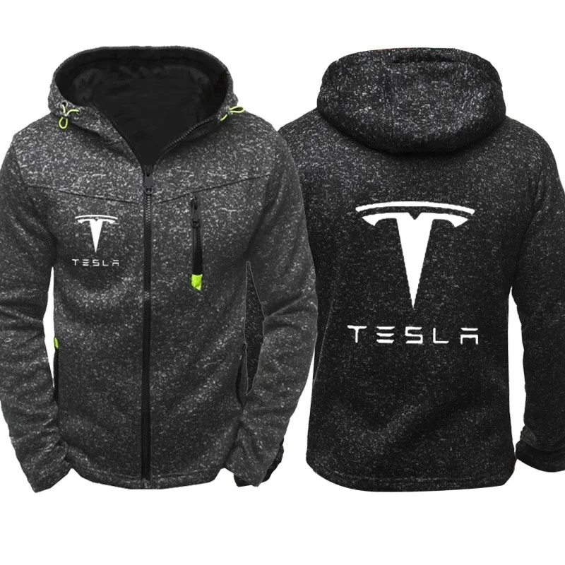 Hoodies Men Tesla Car Logo Print Casual Hip Hop Harajuku Long Sleeve Hooded Sweatshirts Mens zipper Jacket Man Hoody Clothing