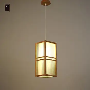 

Bamboo Wicker Rattan Square Shade Pendant Light Fixture Japanese Style Single Hanging Ceiling Lamp for Tatami Dining Table Room