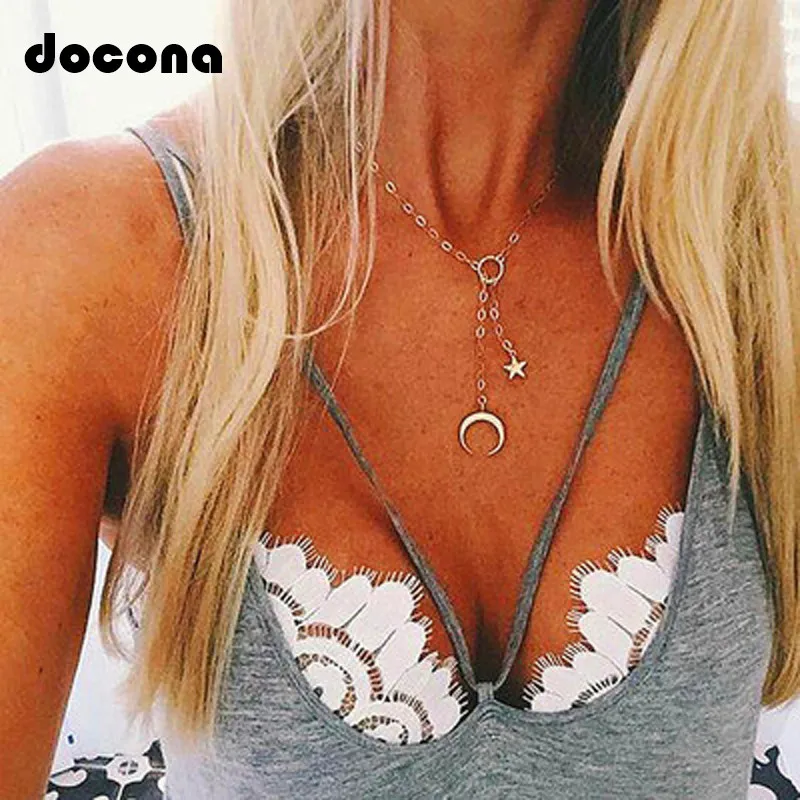 

Docona Boho Gold Color Horn Star Pendant Necklace for Women Girl Metal Charms Layered Necklace Collars 6385