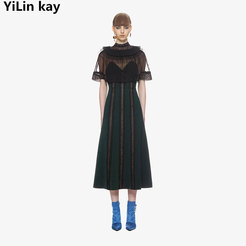 

YiLin kay Summer Women Party Dress 2019 Designer Runway Lace patchwork Maxi Long Dress