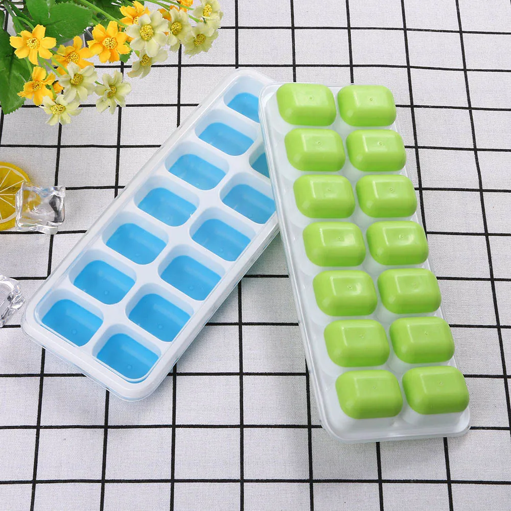 1 Pc Covered Ice Cube Tray Set With 14 Ice Cubes Molds Flexible Rubber