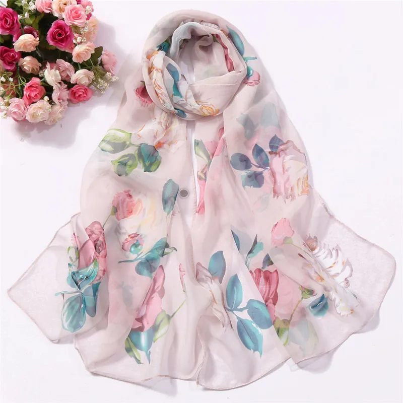 Fashion Women Roses Printing Long Soft Wrap Scarf Simulation Silk Shawl women's scarves handkerchief hijab scarf 40MA0614