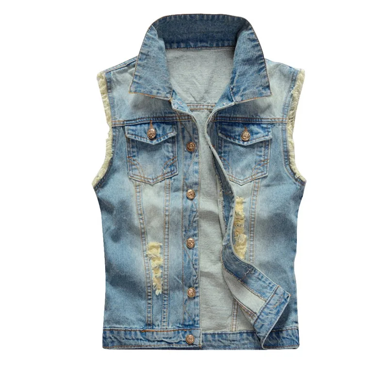 

MJARTORIA Men's Sleeveless Lapel Denim Slim Fit Vest Jacket Casual Street Hip Hop Light Blue Cowboy Vest