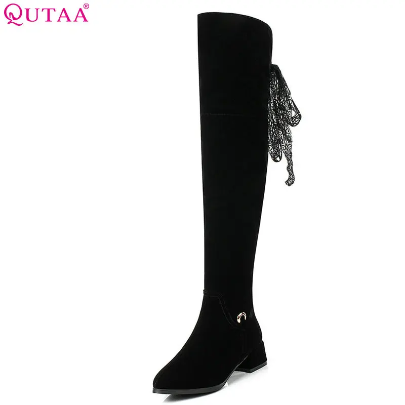 

QUTAA 2019 Women Over The Knee High Boots Platform All Match Flock Scrub Square Heel Zipper Elegant Women Boots Big Size 34-43