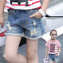 Летние Шорты для девочек джинсовые короткие штаны укороченные брюки с эластичной резинкой на талии рваные джинсы для девочек шорты для девочек ростом от 90 до 140 см