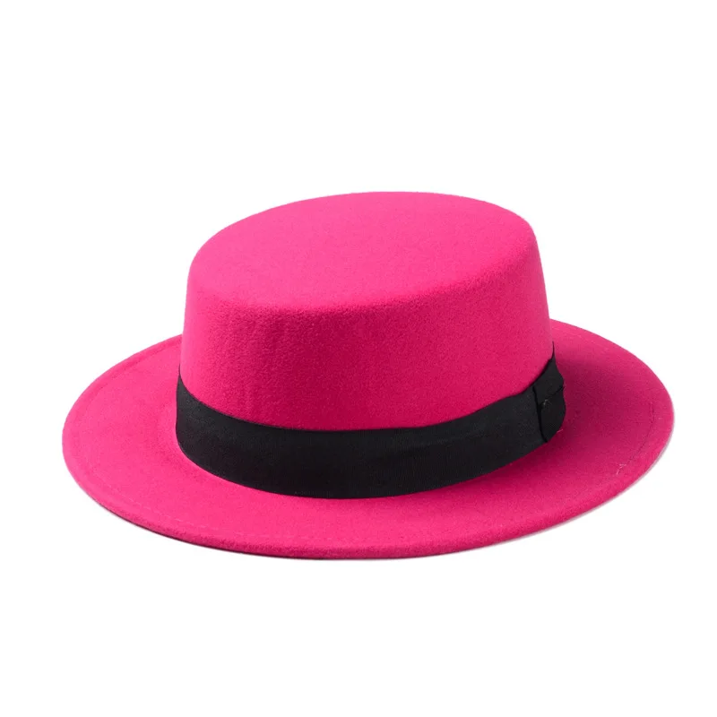 Rose red Новая мода шерсть свиной пирог канотье плоский верх шляпа для женщин мужчин фетровая шляпа с широкими полями Fedora шляпа игрока - Цвет: Rose red