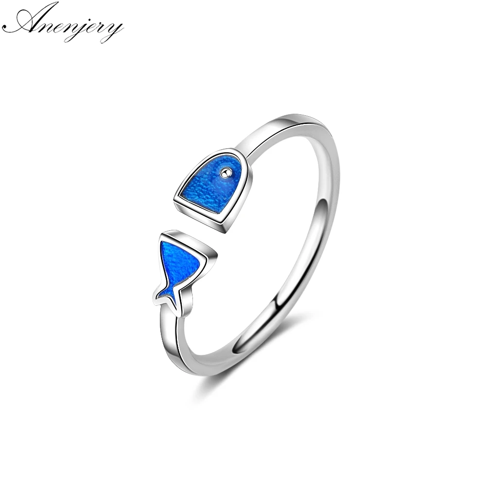 

Anenjery Cute Drop Glaze Blue Fish Opening Ring For Women Girl Gift 925 Sterling Silver Jewelry anillos anel S-R369