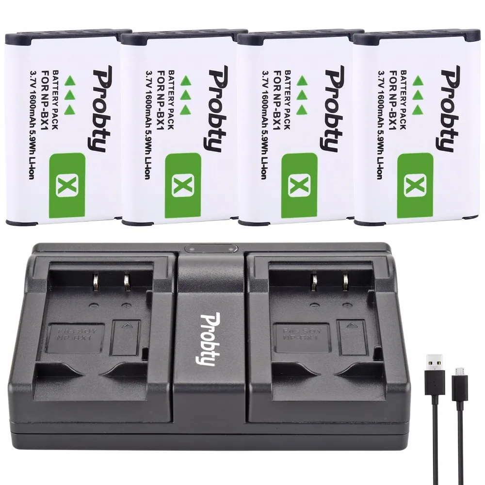 

PROBTY 4Pcs NP-BX1 NP BX1 Batteries + Dual Charger For Sony DSC-RX100 DSC-WX500 IV RX10 II HX300 WX300 HDR-AS15 CX240E MV1 AS30V