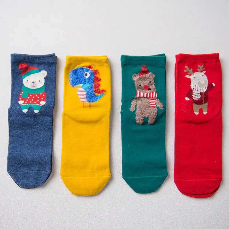 Caramella, рождественские носки, подарок на год, Осень-зима, женские красные милые хлопковые носки с мультяшными животными, женские прямые носки, 4 пара/лот - Цвет: 10903