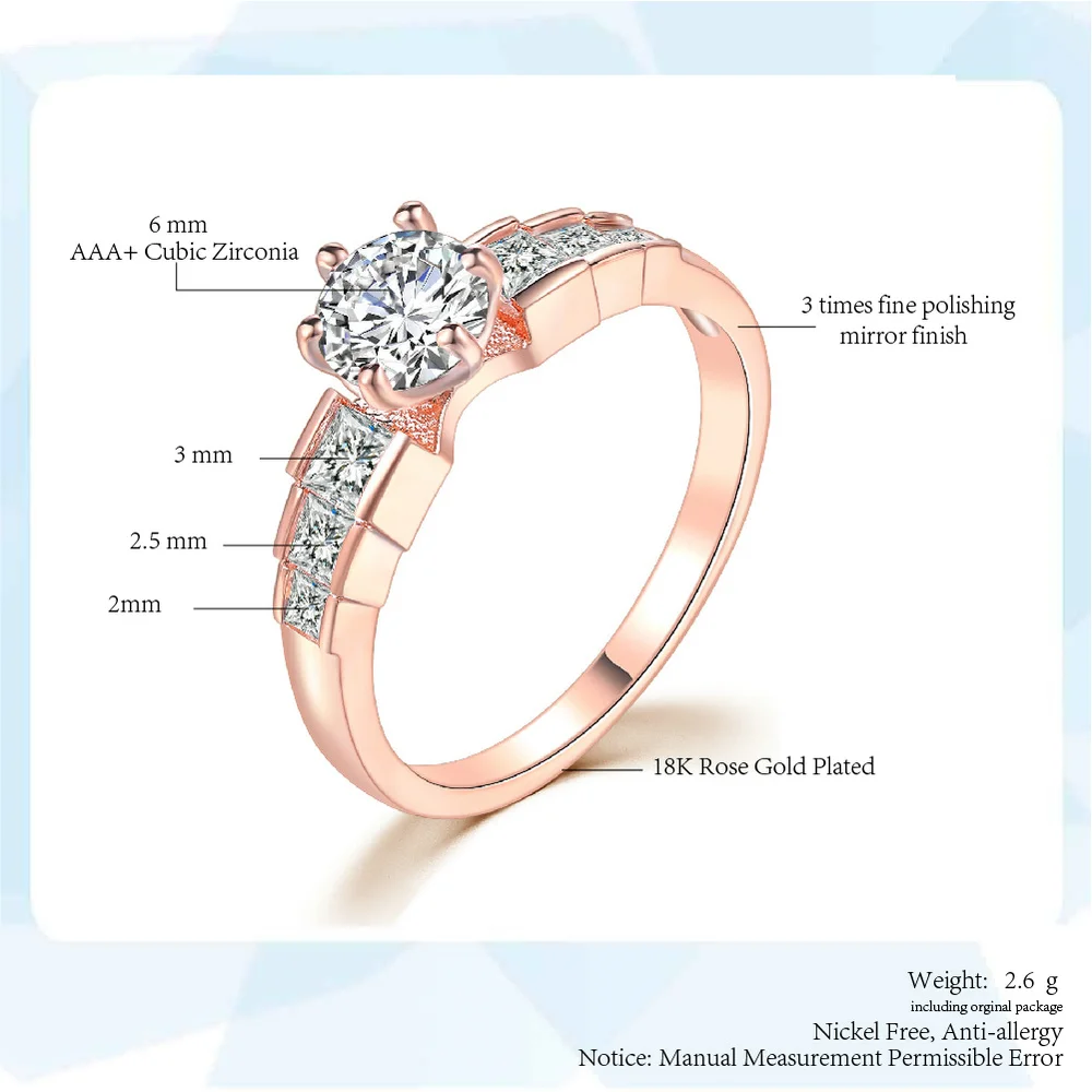 Double Fair Top Quality Six Claw Crystal Wedding Rings For Women Rose Gold Color Couple Ring Jewelry Wholesale DFR680