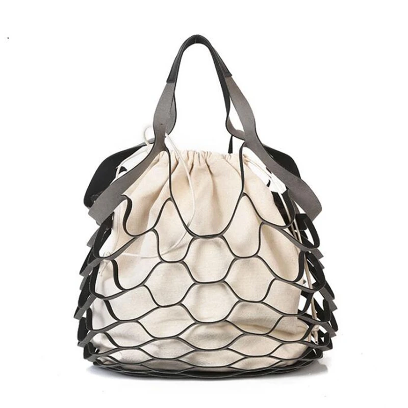 

Summer New Hollow Out Mesh Design Handbags Net Canvas Composite Bag Ladies Drawstring Tote Famous Brands Casual Beach Bags F266