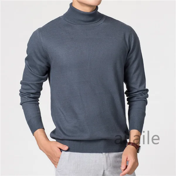 Зимняя мужская Водолазка пуловер шерстяной свитер однотонный вязаный пуловер с длинными рукавами - Цвет: gray blue