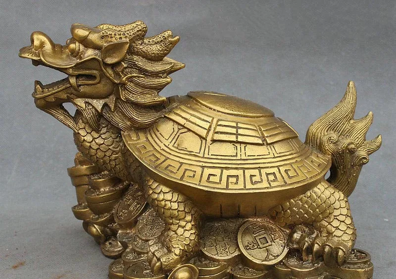 

10" Chinese Brass FengShui Longevity Dragon Turtle Tortoise Wealth Money statue