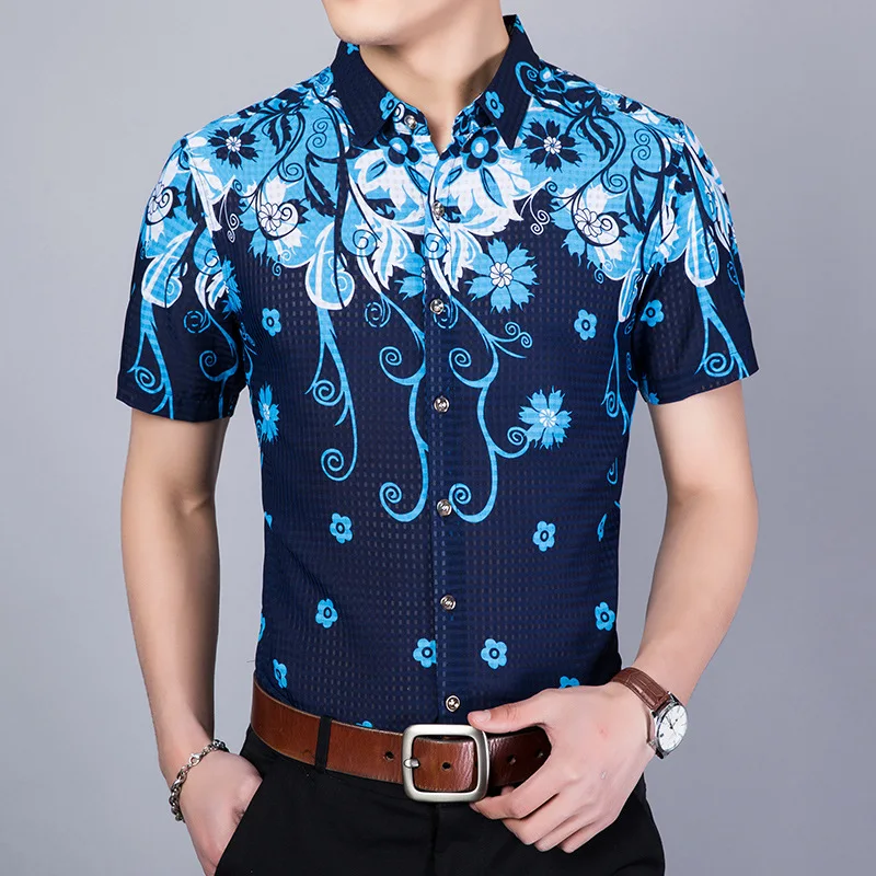 

Floral pattern 3d printing fashion Middle-aged short sleeve shirt Summer 2019 New quality silk cotton icy luxury men shirt M-3XL
