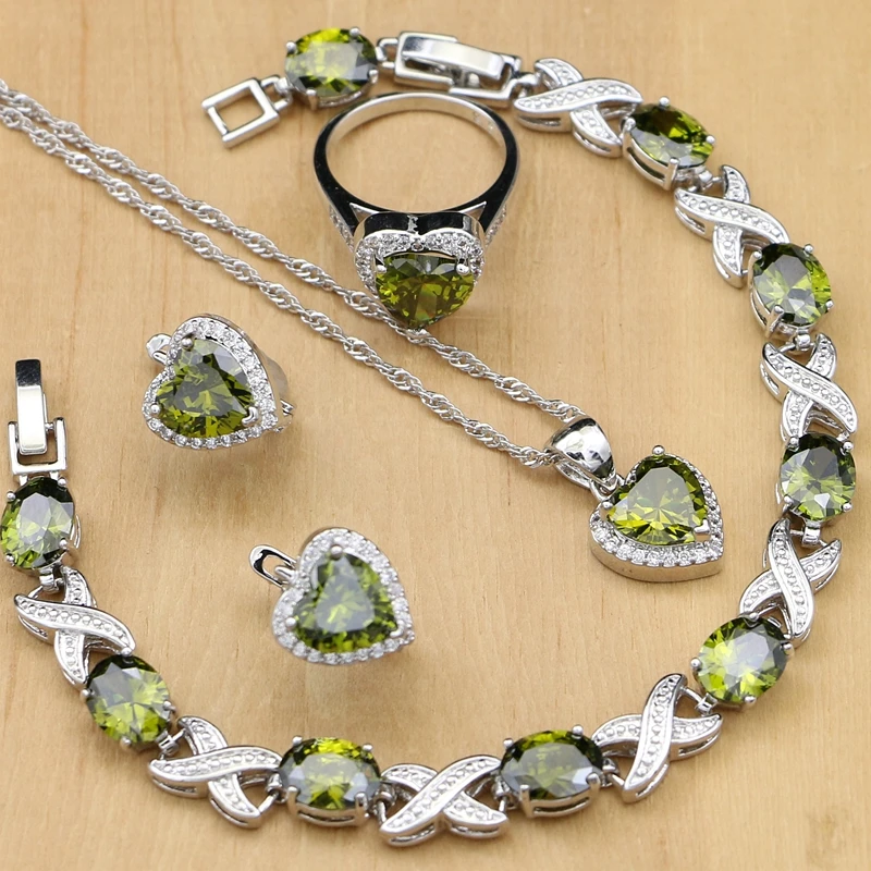 Сердце 925 серебряные ювелирные изделия оливково-зеленый кубический цирконий Ювелирные наборы для женщин Свадебные серьги/кулон/ожерелье/кольца/браслет